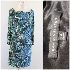 David Meister Snakeskin Print Ruched Wiggle Dress